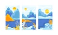 Beautiful winter nature scenes set. Picturesque snowy mountain landscape at different times of day vector illustration Royalty Free Stock Photo