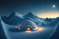 Beautiful winter night landscape with illuminated window snow igloo Royalty Free Stock Photo