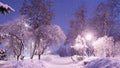 Beautiful winter night landscape of snow covered bench among snowy trees and shining lights during the snowfall. Artistic picture Royalty Free Stock Photo