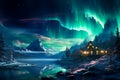 Beautiful winter northern landscape with northern lights. A house on the mountains on the shore of a lake in winter. Royalty Free Stock Photo