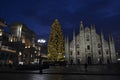 Beautiful winter panoramic view to the Duomo of Milan and Christmas tree in early morning hours. Royalty Free Stock Photo