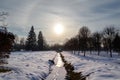 Beautiful winter photo of snow-covered Brukenthal Park in Avrig and halo around the Sun, Romania