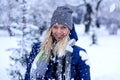 Beautiful winter portrait of young woman in the winter snowy scenery. Beautiful girl in winter clothes. Royalty Free Stock Photo