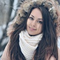 Beautiful winter portrait of young woman in the winter snowy scenery Royalty Free Stock Photo