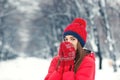 Beautiful winter portrait of young woman in the winter snowy scenery. Royalty Free Stock Photo