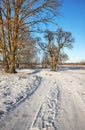 Beautiful winter rural landscape with country road covered with snow on a sunny day Royalty Free Stock Photo