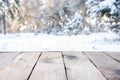 Beautiful winter scene. blurred background of snowy christmas nature background, Wood table top on shiny bokeh. For Royalty Free Stock Photo