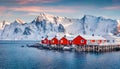 Beautiful winter scenery. Astonishing sunrise on small fishing town - Hamnoy, Norway, Europe. Royalty Free Stock Photo