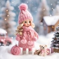 Cozy still life in delicate pink with charming Christmas doll girl, lantern and balls of yarn next to the white Christmas tree