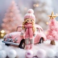 Cozy still life in delicate pink with charming Christmas doll girl, lantern and balls of yarn next to the white Christmas tree