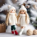Cozy still life with charming Christmas dolls girls, gift and balls of yarn next to the white Christmas tree Royalty Free Stock Photo