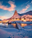 Beautiful winter scenery. Popular tourist destination - footbridge above Gravdalbukta bay