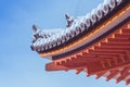 Beautiful winter seasonal image corner of Red Pagoda at Kiyomizu-dera temple covered white snow with blue sky background.