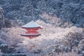 Beautiful winter seasonal of Red Pagoda at Kiyomizu-dera temple surrounded with trees covered white snow background at Kyoto.