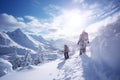 Beautiful winter sunny day in the Ski resort. People walking in Ski resort village