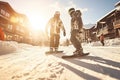 Beautiful winter sunny day in the Ski resort. People walking in Ski resort village