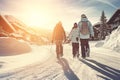 Beautiful winter sunny day in the Ski resort. People walking in Ski resort village