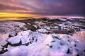 Beautiful Winter sunrise with pink and purple hues reflecting on fresh covering of snow. Loughrigg Fell, Lake District, UK. Royalty Free Stock Photo