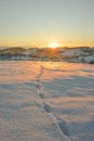 Beautiful winter sunrise scenery with footprints in fresh snow