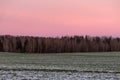 Beautiful winter sunset. The first snow in the fields at sunset. Royalty Free Stock Photo