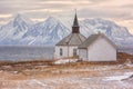 Beautiful winter sunset landscape, lonely church on the seacoast, Lofoten Islands, Norway