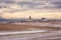 Beautiful winter sunset landscape, lonely church on the seacoast, Lofoten Islands, Norway