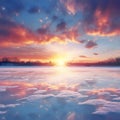 Beautiful winter sunset over frozen lake,  Colorful sky with clouds Royalty Free Stock Photo