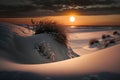 Beautiful winter sunset over a frozen lake with grass and dunes