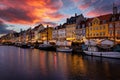 Beautiful winter sunset view of the popular Nyhavn area at Copenhagen Royalty Free Stock Photo