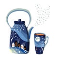 Beautiful winter teapot and cup with night town and forest. Royalty Free Stock Photo