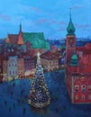Beautiful winter urban landscape old csquare and walking people . Europe. Oil painting on canvas.