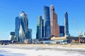 Moscow, Russia - February 14, 2019: Expocenter and Moscow International Business Center Moscow-City during the winter season