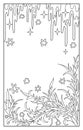 Beautiful winter vector illustration. Black and white pattern of pine or spruce branches, snowflakes and icicles with sparkles