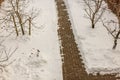 Beautiful winter view from above of villa\'s private garden with snow-cleared path made of gray paving slabs.