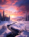 Winter wonderland pink colors magical sky snow sunrise Generative AI