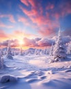 Winter wonderland pink colors magical sky snow sunrise Generative AI
