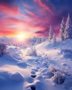 Winter wonderland pink colors magical sky snow sunrise Generative AI