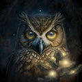 Beautiful wise owl in a fabulous winter forest on Christmas Eve. AI generated illustration