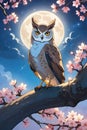 A beautiful wise owl perched on a branch, in a spring night with sakura tree blossoms, moonlit, Van Gogh painting style