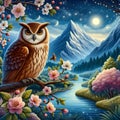 A beautiful wise owl with stunning mountain, perches on a branch behind a river, blossoms flower, moon, stars, whimsical, painting