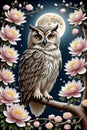 A beautiful and wise owl on a tree in a night, with moon and blossoms flower, animal design, painting