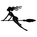 Beautiful witch on broom fly silhouette Royalty Free Stock Photo