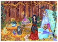 Beautiful witch with cat and traditional Halloween symbols at mystic place in fable forest