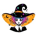 Beautiful witch in a classic hat and colored hair