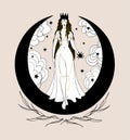 A beautiful witch in a crown stands on a black crescent. Linear sketch, fantasy female character, vector illustration