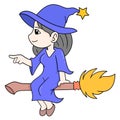 Beautiful witch flies on magic broomstick, doodle icon image kawaii