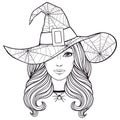Beautiful Witch In Hat, Vintage Halloween Vector Black And White Linen Illustration
