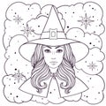 Beautiful Witch In Hat, Vintage Halloween Vector Black And White Linen Illustration