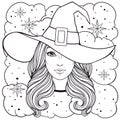 Beautiful witch in hat, vintage halloween vector black and white linen illustration Royalty Free Stock Photo