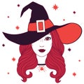 Beautiful witch in hat, vintage halloween vector linen illustration Royalty Free Stock Photo